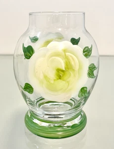 Hand Painted Candle Holder or Vase White Flowers Clear Glass 4.75” T 2.25" W - Picture 1 of 10
