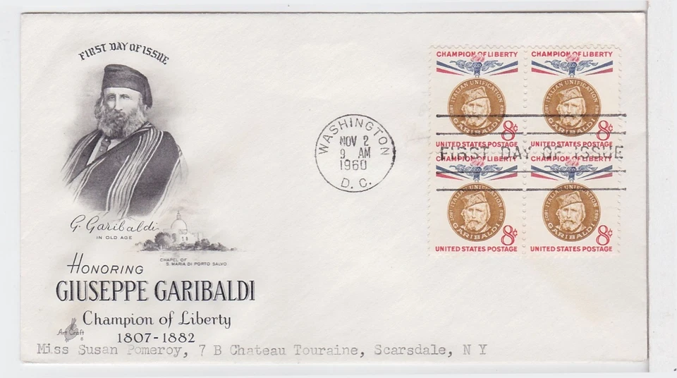 TurtlesTradingPost- Guiseppe Garibaldi 8 Cent 1960 FDC #1169 Artcraft Block of 4 - Image 1 of 1