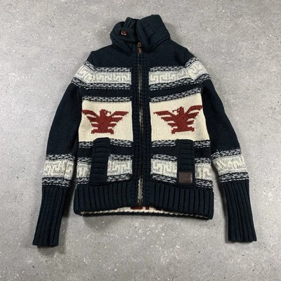 Superdry Cardigan Mens Small Blue Wool Blend Cowichan Navajo Aztec Chunky Knit - Image 1 of 4