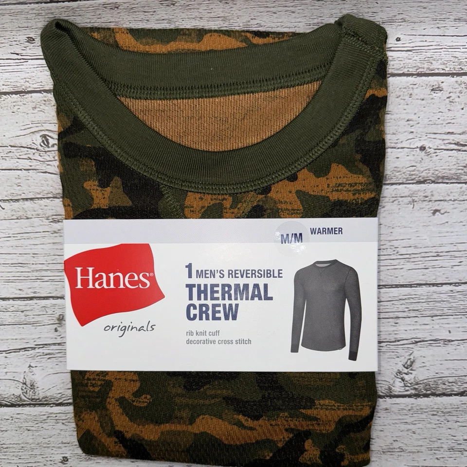 HANES Originals Men's Reversible Thermal Crew Camo Print & Brown Size Medium