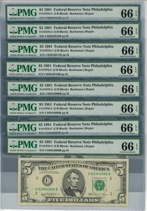 Fr. 1976-C $5 1981 Federal Reserve Note 8 Consecutive 66 EPQ PMG DC-2839 - Picture 1 of 3