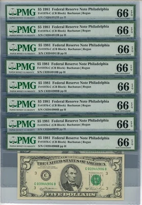 Fr. 1976-C $5 1981 Federal Reserve Note 8 Consecutive 66 EPQ PMG DC-2839 - Image 1 of 3