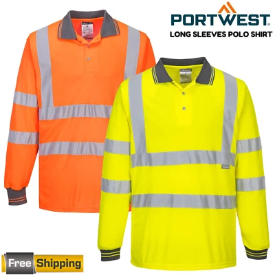 Mens Hi Vis Viz Polo Shirt Long Sleeve High Visibility Breathable Workwear Top - Image 1 of 4