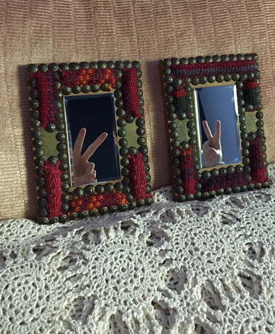 Vintage Handmade Textile, Brass & Wood Mirror Set ✨ Cover