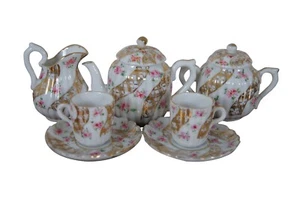 Antique 9 Pc Hand Painted Floral Porcelain Miniature Childs Doll Tea Set 4" - Picture 1 of 11