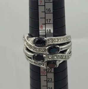 Silver Tone Rhinestone Black Gemstone Criss Cross Wide Band Costume Jewelry Ring - Picture 1 of 6