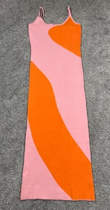 Womens Dress Large Pink Orange Funky Knit Midi Bodycon Unique Festival Retro - Picture 1 of 3