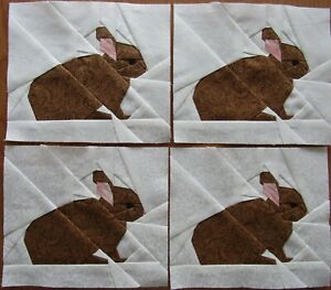 4 Paper Pieced Easter Brown Rabbit Bunny quilt block 6 x 7