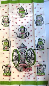 Toalla de té de lino estampada a mano Bucilla vintage tema café rosas y verdes - Imagen 1 de 6