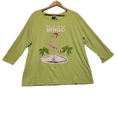 Caribbean Joe Fa La La La Mingo Green Christmas Flamingo Shirt Green Women 1X - Image 1 of 4