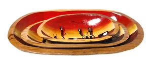 AFRICAN WOOD CARVED BOWLS TRAYS W/HANDLE 10'', 8'', 6'' Table Decor - Set of 3 - Picture 1 of 13