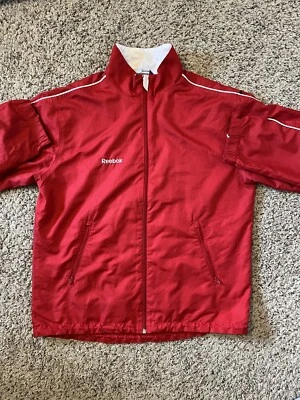 Vintage 90s Men’s Size Large Red Windbreaker Jacket Full Zip Collared Striped - Image 1 of 4