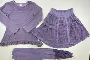 Naartjie Girls Youth Purple Cotton Long Sleeve Top Skirt Ruched Legging 3Pc Set - Picture 1 of 15