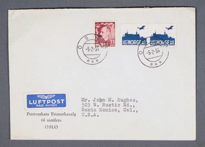 MayfairStamps 挪威 1955 年奥斯陆到圣莫尼卡 CA 航空邮件封面 aau_87117 — 第 1/2 张图片