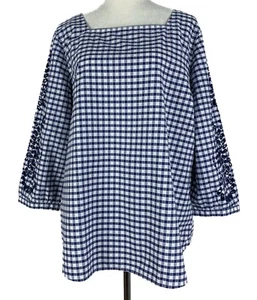 Talbots Gingham Square Neck Top Eyelet 3/4 Sleeve Womens XL Blue White New - Picture 1 of 13