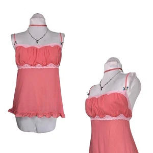 Y2K Victoria Secret Babydoll Top  L Pink Mesh Cami Tank Milkmaid Sheer Coquette - Picture 1 of 20