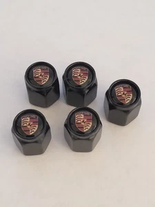 Porsche Black Valve Aluminum Stem Caps with Colored Crest Set Of 5 - Picture 1 of 5