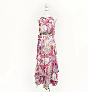 Calvin Klein Maxi Dress 8 Pink Floral Chiffon Long Fairy Cocktail Halter Tiered - Picture 1 of 16