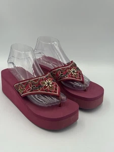 Y2K Candies Pink Platform Wedge Sandals Beaded Embroidered Thong Flip Flops Sz 9 - Picture 1 of 9