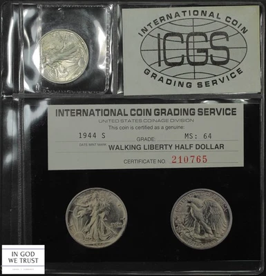 1944 年 S 版行走自由女神银币半美元 50 美分旧照片证书 ICGS 评级 MS 64 — 第 1/4 张图片