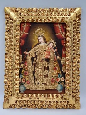 Gorgeous Estilo cuzqueño Painting "Red Madonna & Child " In Golden Wooden Frame. - Image 1 of 4