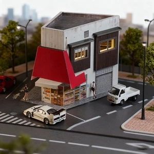 1/64 Corner Store Model LED Lighting City Building Parking Lot Scene Model - Picture 1 of 15