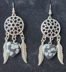 Handmade Earrings Tibetan Silver Dream Catcher with Snowflake Obsidian Gemstones - Picture 1 of 5