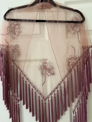 ELEGANT COCOA SHEER SEQUINED TASSELED TRIANGLE SHAWL, WRAP, 66" x 33", BOHO - Image 1 of 4