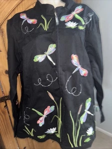 NWT Quacker Factory Black Zip Dragon Flies Cotton Ls Jacket Top Size 1x - Picture 1 of 5