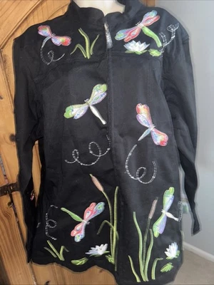 NWT Quacker Factory Black Zip Dragon Flies Cotton Ls Jacket Top Size 1x - Image 1 of 4