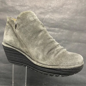 Sz 42- Fly London Yip Wedge Suede Leather Zip Ankle Boots Comfort Slouch Booties - Picture 1 of 16