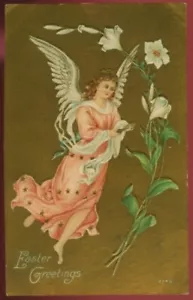 HERMOSA POSTAL DE PASCUA VINTAGE ÁNGEL EN ROSA CON LIRIOS 21821 Q - Imagen 1 de 2