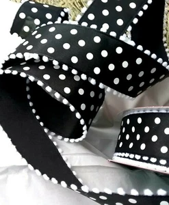 Chalk White Dots Black Satin 1.5" x 3 yd Wire Ribbon Double Side White Tassels - Picture 1 of 9