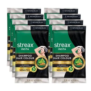Streax Insta Shampoo Hair Colour for Men & Women, Natural Black, 18ml (Pack of 8 - Picture 1 of 5
