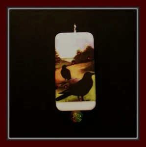 TWO OLD CROWS IN A FALL FIELD DOMINO PENDANT - Picture 1 of 1