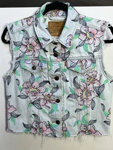 Levi's Premium Denim Vest Womens S Embroidered Floral Cropped Frayed Edges Sexy - Picture 1 of 13
