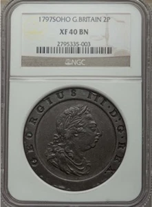 ENGLAND GEORGE III 1797-SOHO TWO PENCE COPPER COIN, CERTIFIED NGC XF-40-BN - Picture 1 of 4