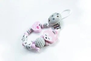 ♥ Schnullerkette mit Namen Mädchen ♥ kleines Wunder der Welt ♥ Fuchs rosa grau ♥ - Bild 1 von 7