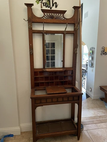 Antique Hall Tree Umbrella Stand, Tile, Beveled Mirror, Storage Box, Drip Pan Cover