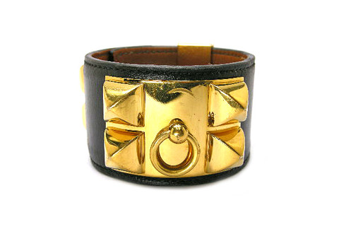 HERMÈS Bracciale Hermes Colier de Chien Medor Bracciale Pelle Nera Oro GP L R Inciso