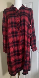 J. Jill Size SP Red Black Plaid Long Sleeve 1/3 Button Down Shirt Dress Pockets - Picture 1 of 6