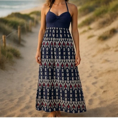 Mudd | Maxi Vestido Y2K Babydoll Estampado Ikat Azul Marino Talla M Boho Verano Festival Elegante Foto 1 de 4