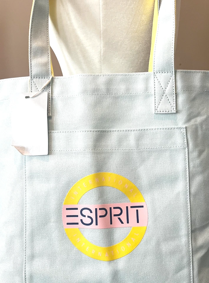 Сумка с короткими ручками ESPRIT Throw-back 90-е бледно-голубая холщовая с логотипом новая с ценниками подлинная см. описание - Изображение 1 из 4