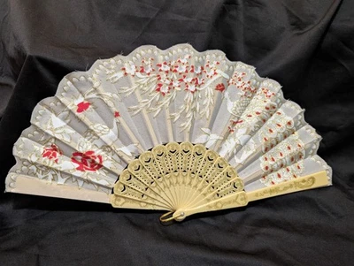 Antique Celluloid Folding Fan Ivory Lace-Peacocks and roses-Victorian look - Image 1 of 4
