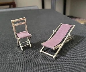 Vintage Italienische Miniatur 925 Silber Strand Klappstuhl & Bett Set Lila Stoff - Bild 1 von 24