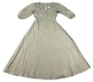 Linen Handmade Studio Calf Length A-line Dress Womens Balloon Sleeve Moss Green - Picture 1 of 9