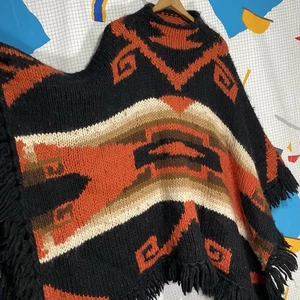 Vintage Ralph Lauren Woll Poncho Cape Southwestern Azteken Handstrick Fransen RRL - Bild 1 von 8