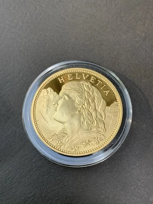 1925 Swiss 100 Franc Helvetia Gold-Plated .999 Silver 1 oz. modern re-strike - Image 1 of 3