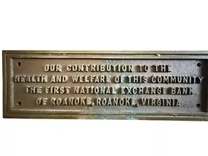 First National Exchange Bank Solid Bronze Plaque Roanoke VA Health Welfare Antiq - Picture 1 of 4