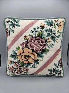 Handmade Needlepoint Throw Pillow Yellow And Pink Roses With Green Velvet Back - Picture 1 of 4